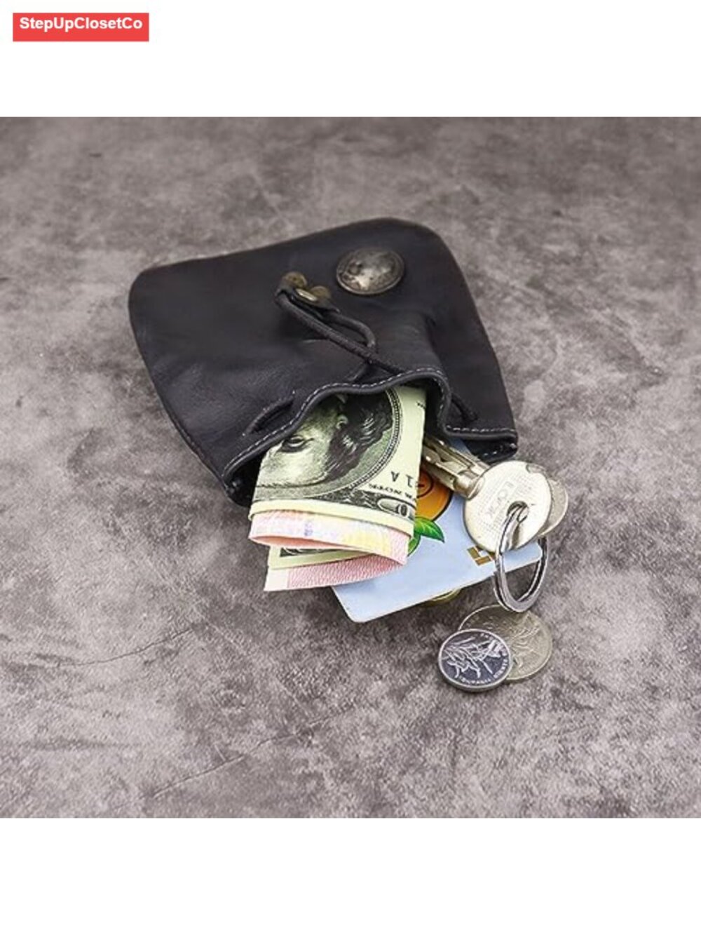 Genuine Leather Drawstring Coin Purse Vintage Pouch with Metal Clasp Mini - Picture 5 of 6